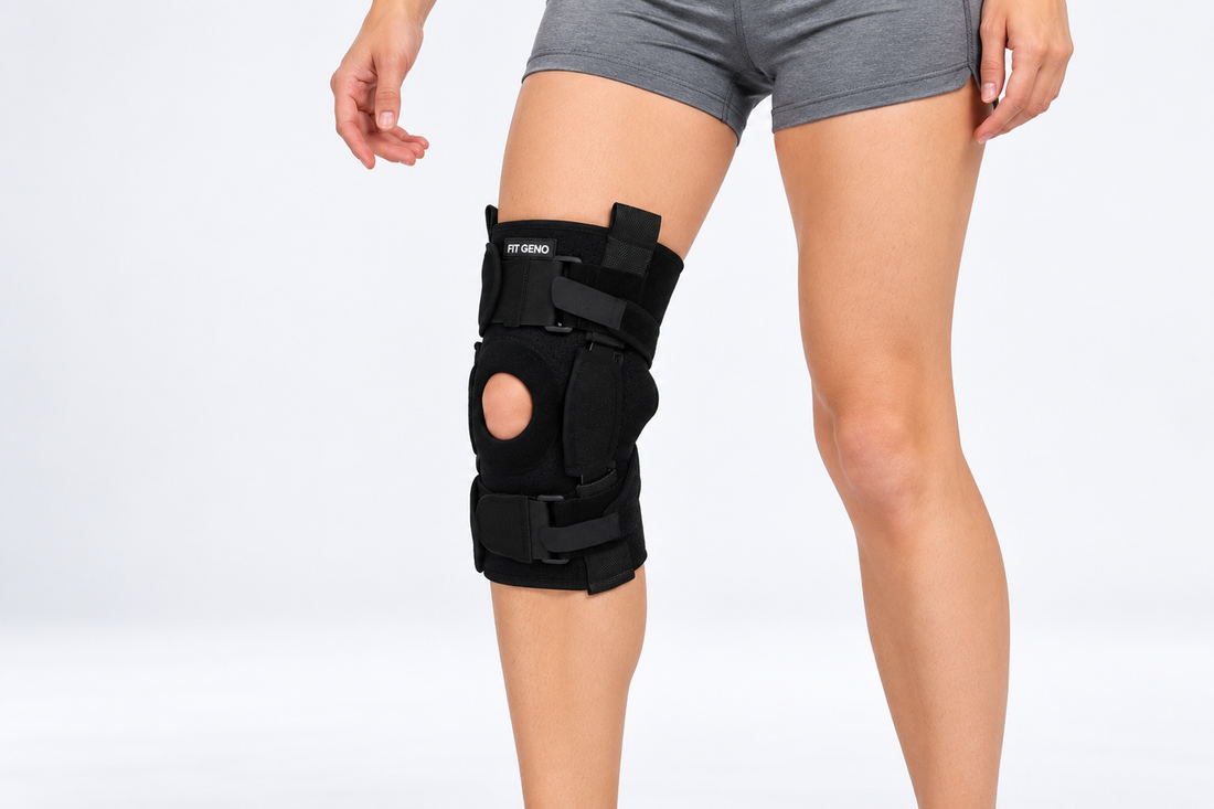 Woman standing in a black Fit Geno knee brace with an open kneecap and adjustable straps