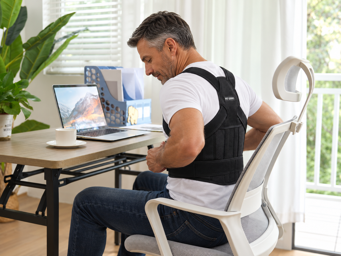 Man sitting at a home-office desk adjusting the straps of a black Fit Geno posture corrector