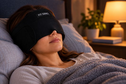 Woman lying in bed with a black Fit Geno ice head wrap covering her eyes