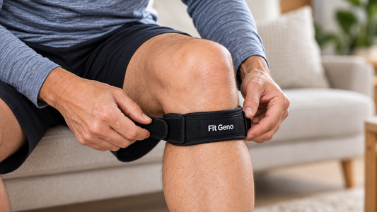 Man seated on a sofa fastening a black Fit Geno patella strap just below his kneecap