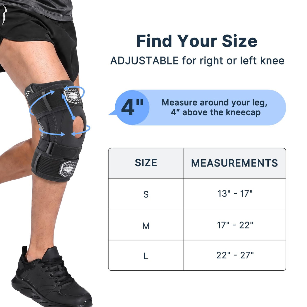 Size chart: measure 4 inches above the kneecap