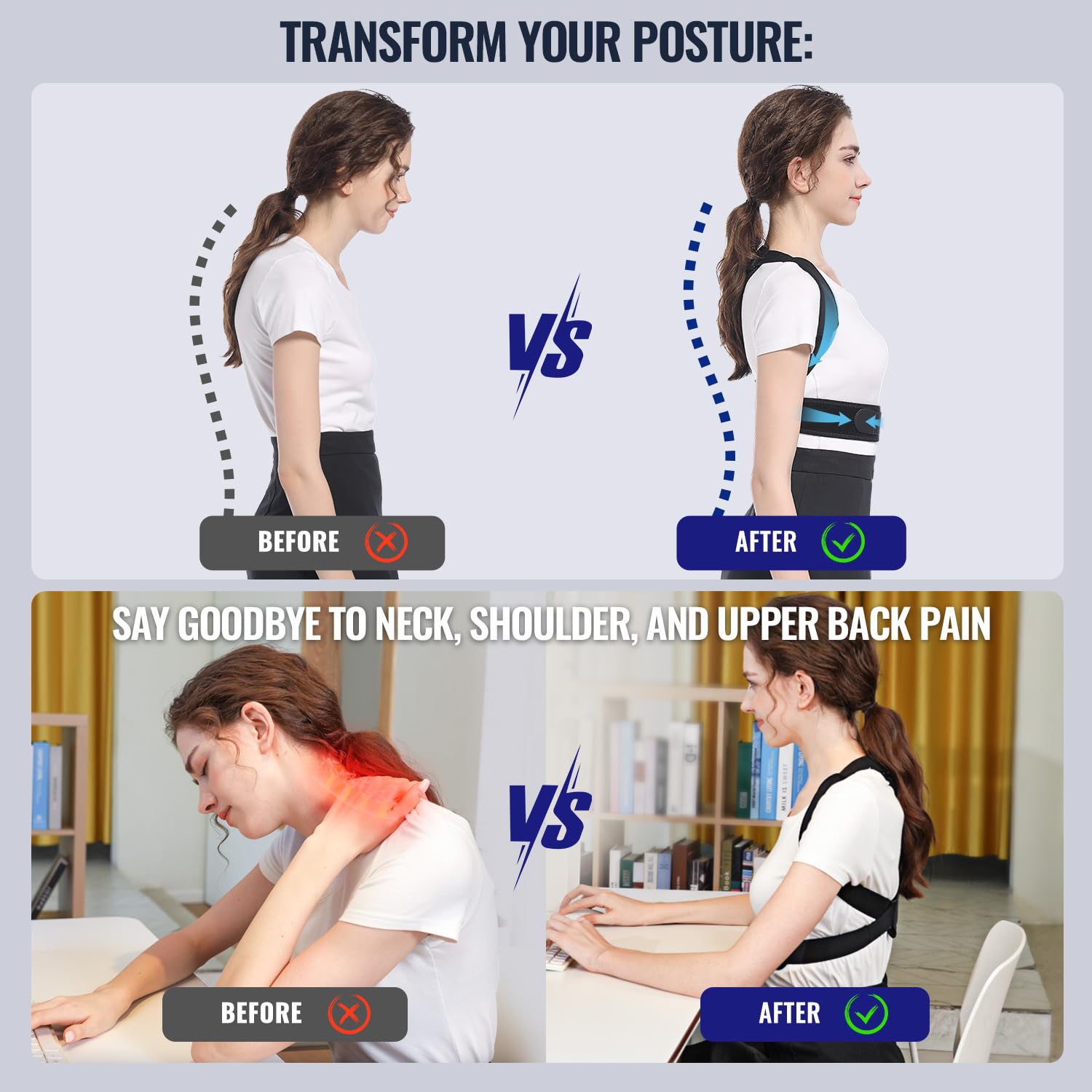  Fit Geno Upgraded Posture Corrector for Men and Women:  Breathable Full Back Support Brace for Neck Shoulder Upper Middle Lower  Back Pain - Comfortable Scoliosis Hunchback Corrections (Small/Medium) :  Health 