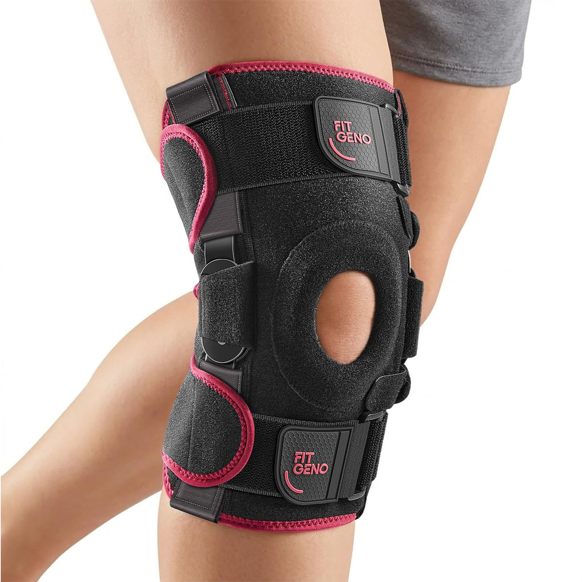 Hinged Knee Brace in Garnet, worn on the knee