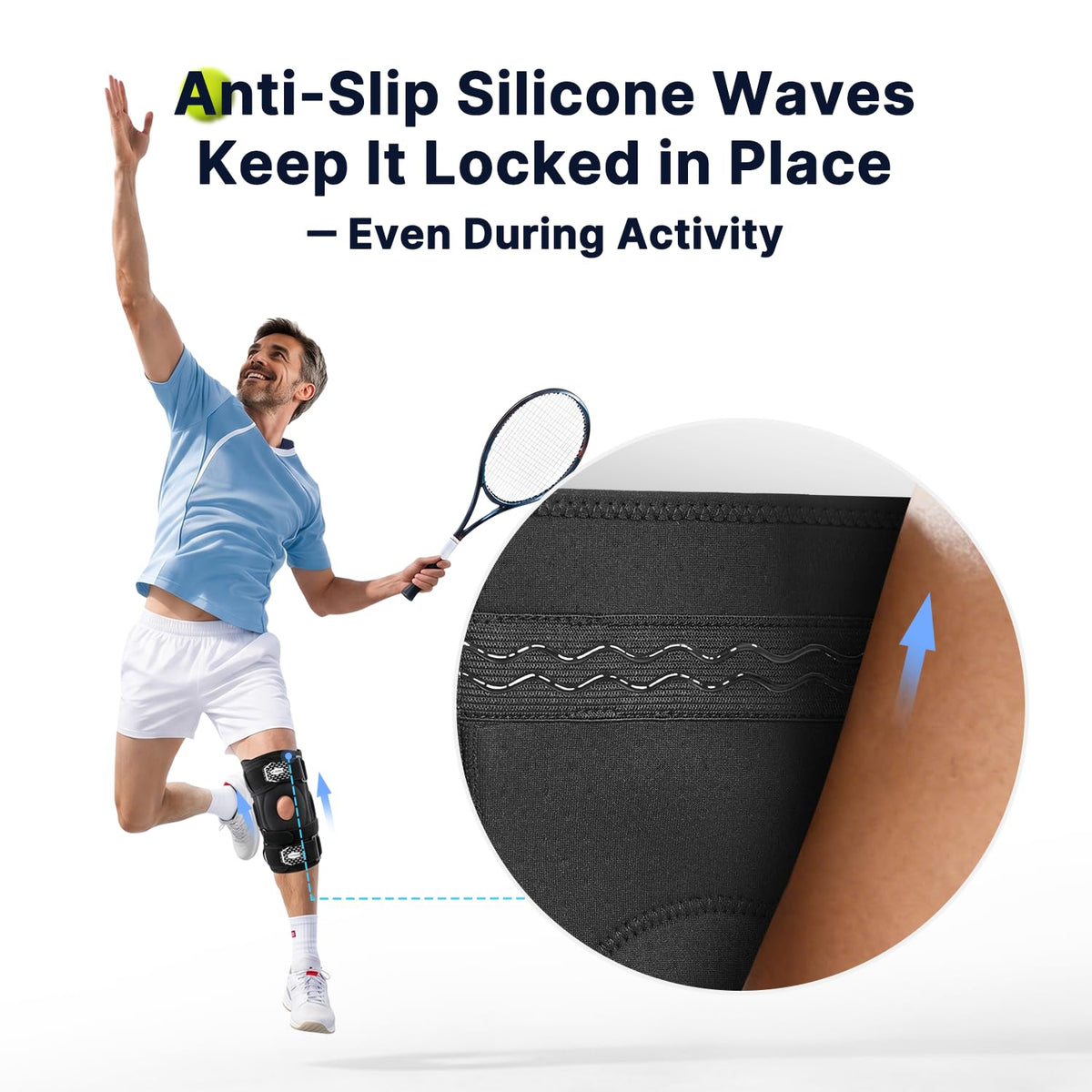 Anti-slip silicone strips keep the brace in place