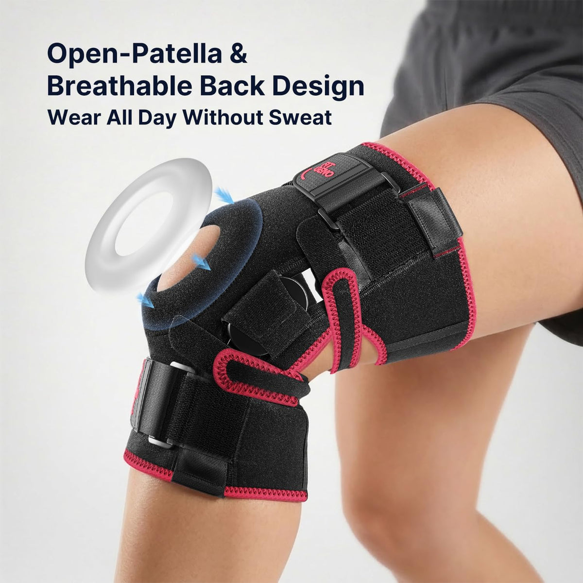Hinged Knee Brace in Garnet, open-patella and breathable back