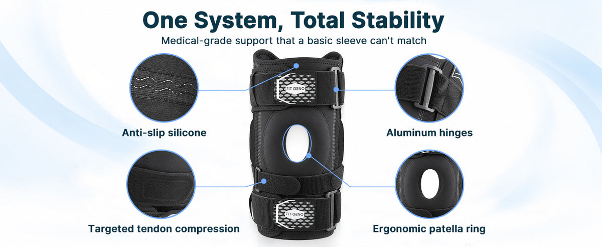 Anti-slip silicone, aluminum hinges, targeted compression and patella ring