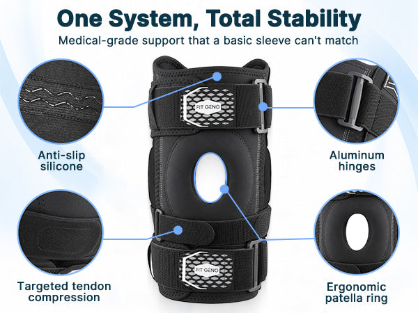 Anti-slip silicone, aluminum hinges, targeted compression and patella ring